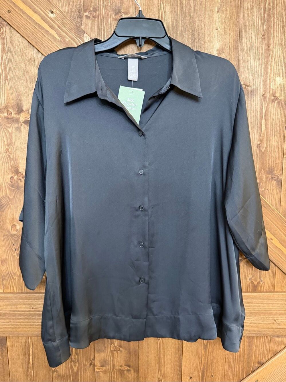 H&M Women’s Large Black Satin Button Front Blouse Long Sleeve NWT (9458)